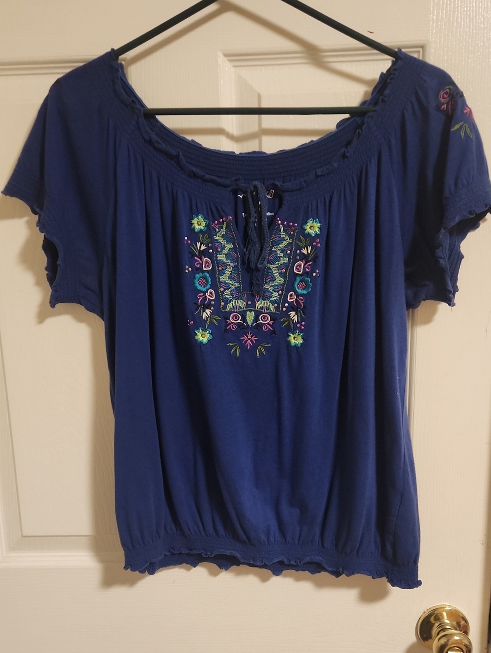 RXB Navy Embroidered Peasant Blouse
